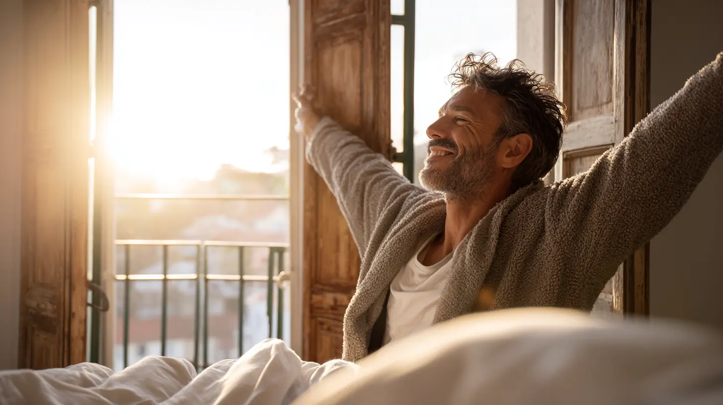 Mann Ausgeschlafen Im Bett Sonnenschein